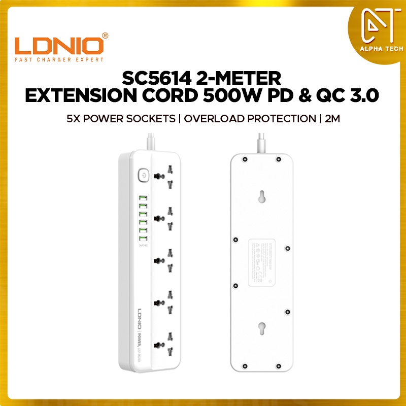 LDNIO SC5415 SC5614 2-Meter Extension Cord with 5 Socket Outlets and 4 ...