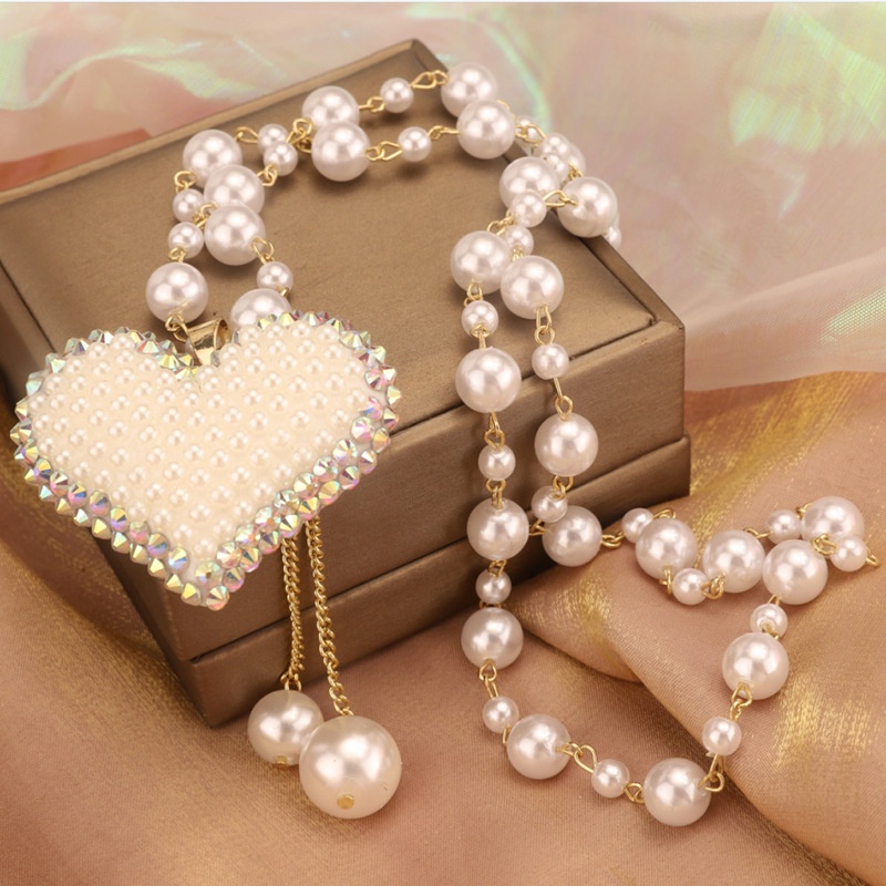 Elegant Simulated Pearl Heart Pendant Long Necklace For Women 2024  New Sweater Chain