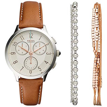 Fossil Women CH4001SET Abilene Chronograph Light Brown Leather Watch & Jewelry Box Set (Light Brown)