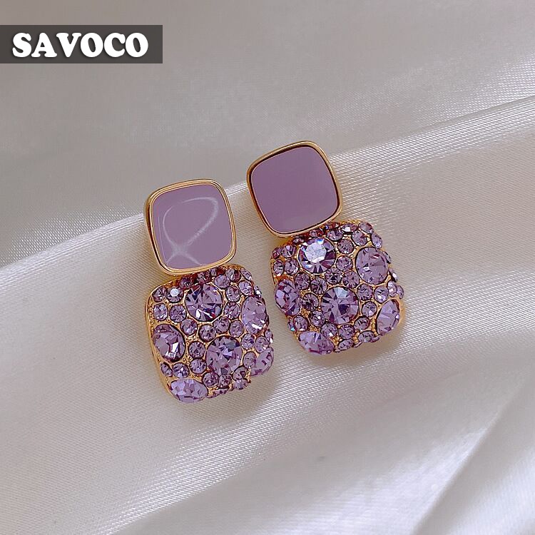 SAVOCO Fashion Elegant Purple Crystal Drop Earrings Multicolor Alloy Rhinestone Dangle Earrings for Women Jewelry Gifts Accessories SE035