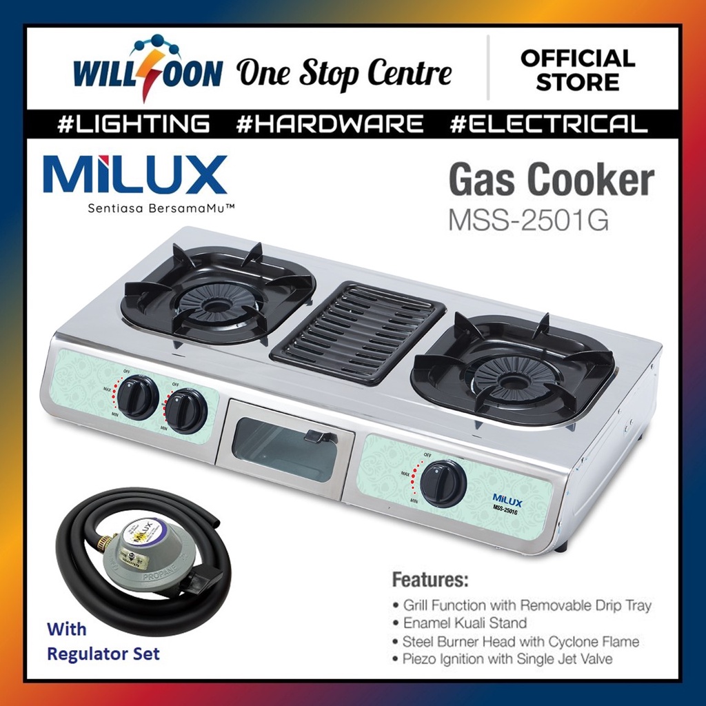 Milux MSS2501G Double Burner Stainless Steel Gas Cooker Stove with Grill / Dapur Gas Double