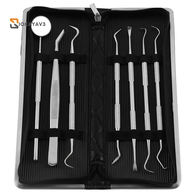 7Pcs/Set Leather Bag Stainless Steel Dental Tool Set Mouth Mirror Dental Kit Instrument Dental