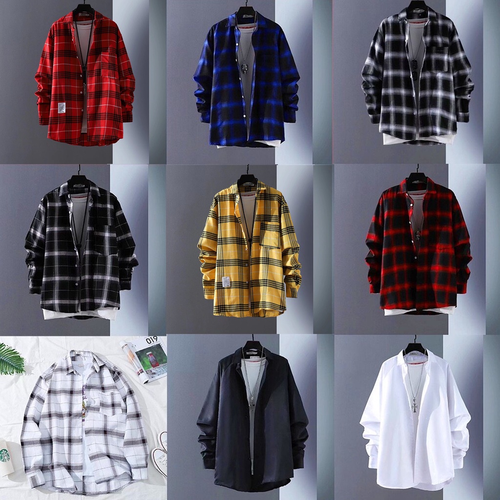 Summer Simple Korean Style Long Sleeve Plaid Shirt Men Fashion Top Baju Kemeja Lelaki Lengan Panjang