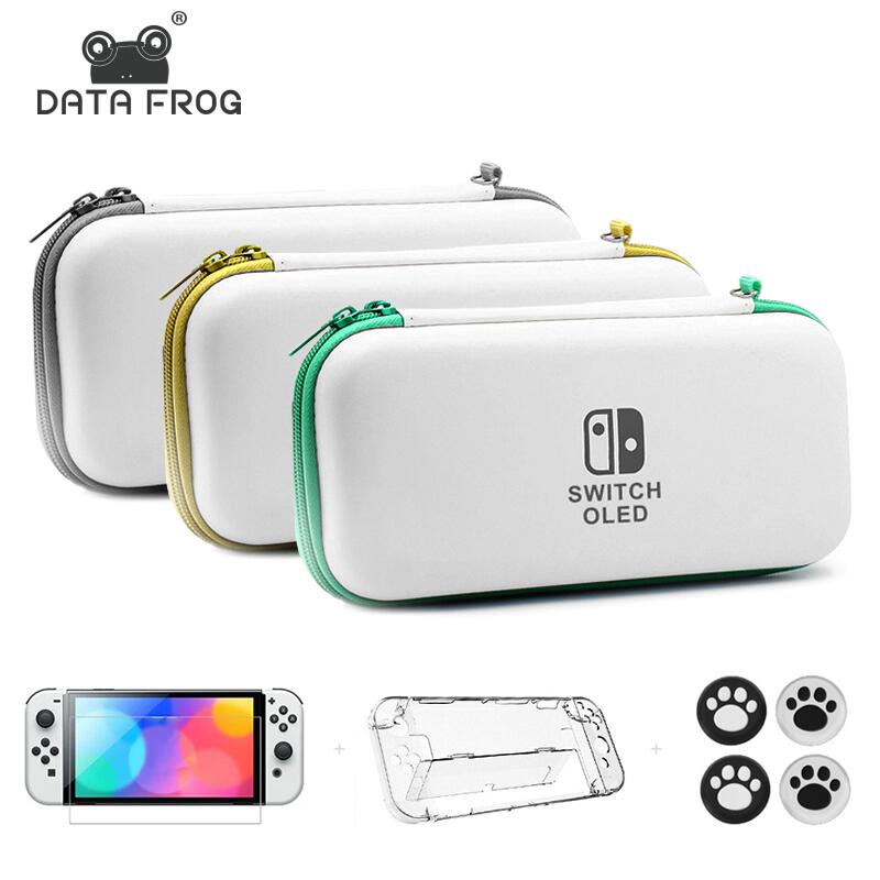 DATA FROG Carrying Storage Case Bag For Nintendo Switch OLED Portable Crystal Shell For Switch Oled Accessories And Tempered Glass Screen Protector With Joystick Caps