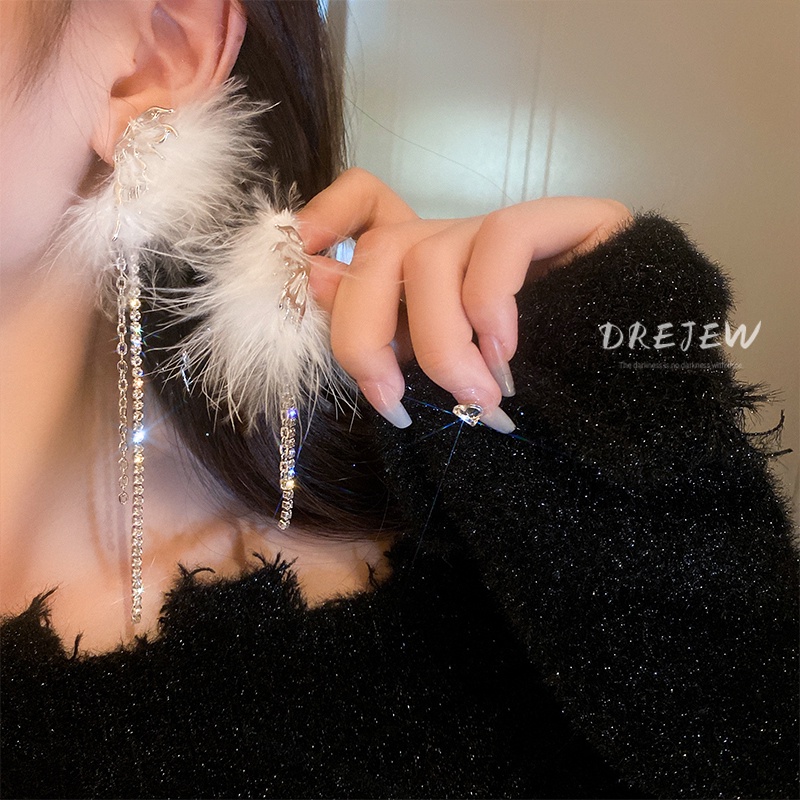 Silver Needle Asymmetric Feather Butterfly Diamond Tassel Earrings Long Design 1