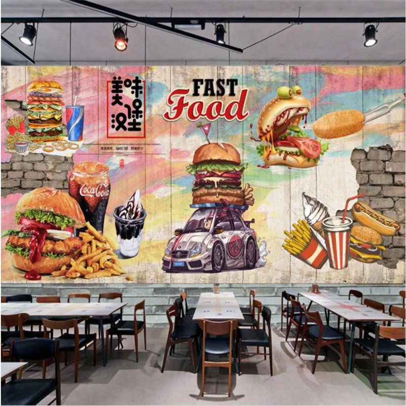 Custom European and American Burgers Graffiti Background Waterproof 3D Mural Wallpaper Retro Fast Food Restaurant Snack Bar Decor Wall Paper 3D Sticker