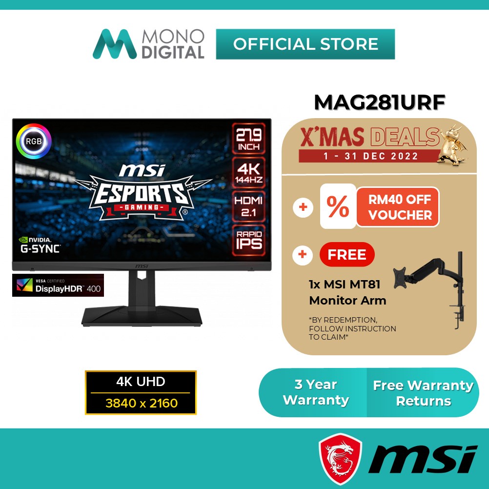 MSI Optix MAG281URF HDR RGB Gaming Monitor w/ 4K UHD, KVM Switch, G