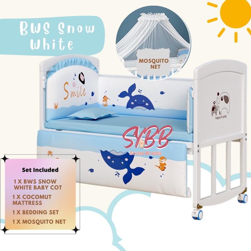 BWS Snow White Multifunction Natural baby crib Wooden Baby Cot Function