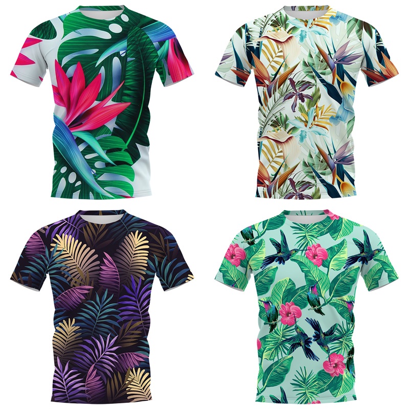 Hawaiian T-shirts Polynesia Tropical Plant Leaves Birds Printed Tees Beach Shirt Harajuku Graphic T Shirts Men Clothing