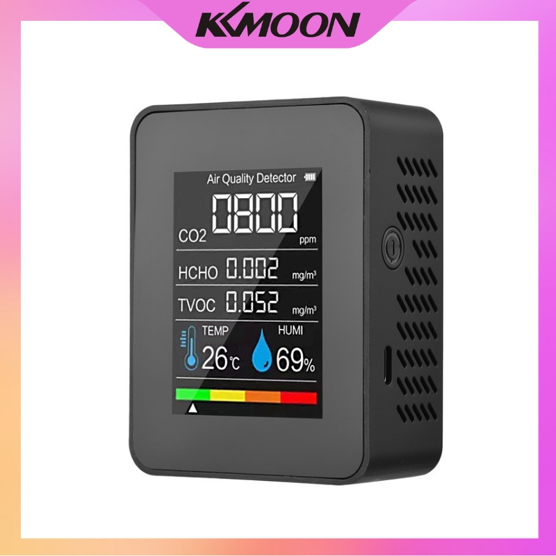Portable Air Quality Monitor Indoor CO2 Detector 5 in 1 Formaldehyde HCHO TVOC Tester LCD Temperature Humidity Tester Rechargeable CO2 Alarm Meter for Room Office Greenhouse Warehouse  Tolomall