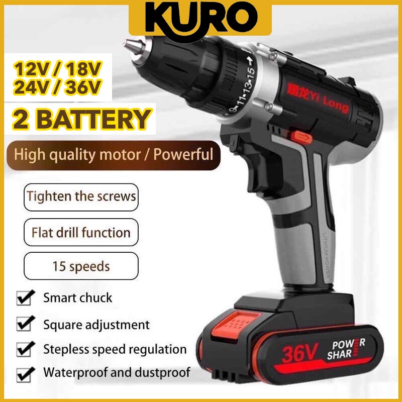 FREE GIFT  Yi Long 12V 18V 24V 36V Lithium Battery Hand Drill Cordless Set Car Cordless Drill Rechargeable Electric