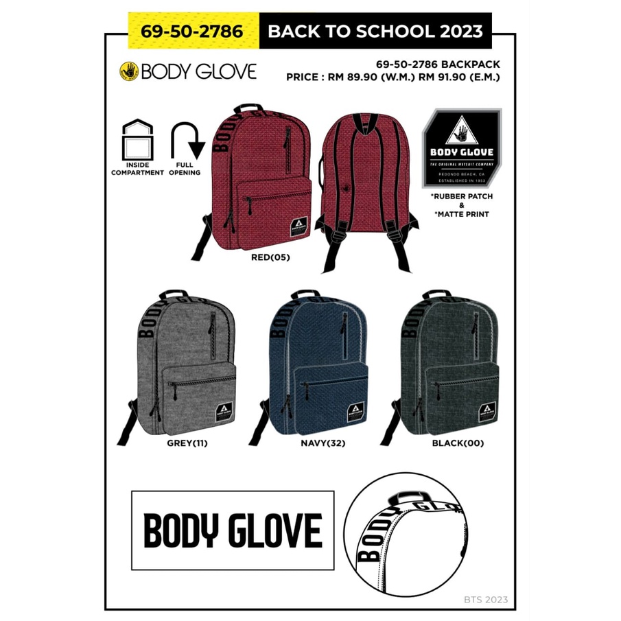 Body Glove Backpack Bag 69502786 Series or Beg Sekolah Jenama Body