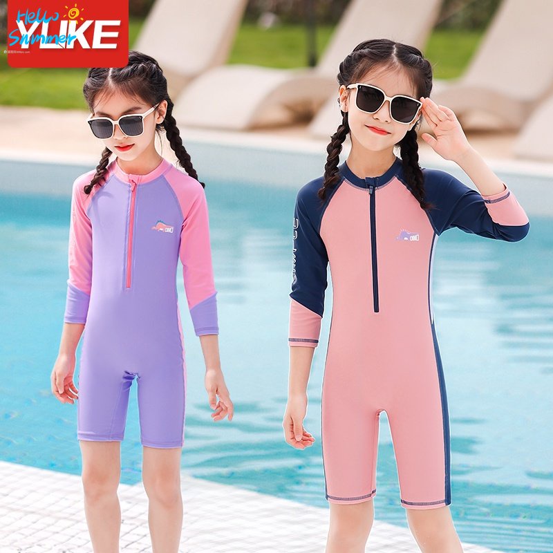 YUKE Swimming Suit Kids Girl Swimsuit Cartoon Cute Dinosaur Comfortable Breathable Student Princess Skirt One Piece Long Sleeve Swimsuit Sunscreen Swimwear