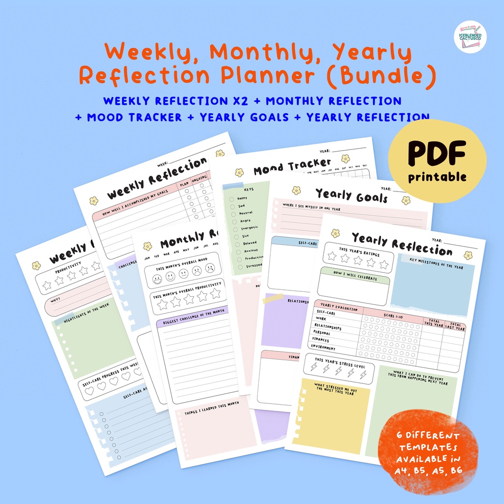 (Series B) Colored/Colorless Daily/Weekly/Monthly - Reflection Planner+Mood Tracker (Undated)[Printable PDF]