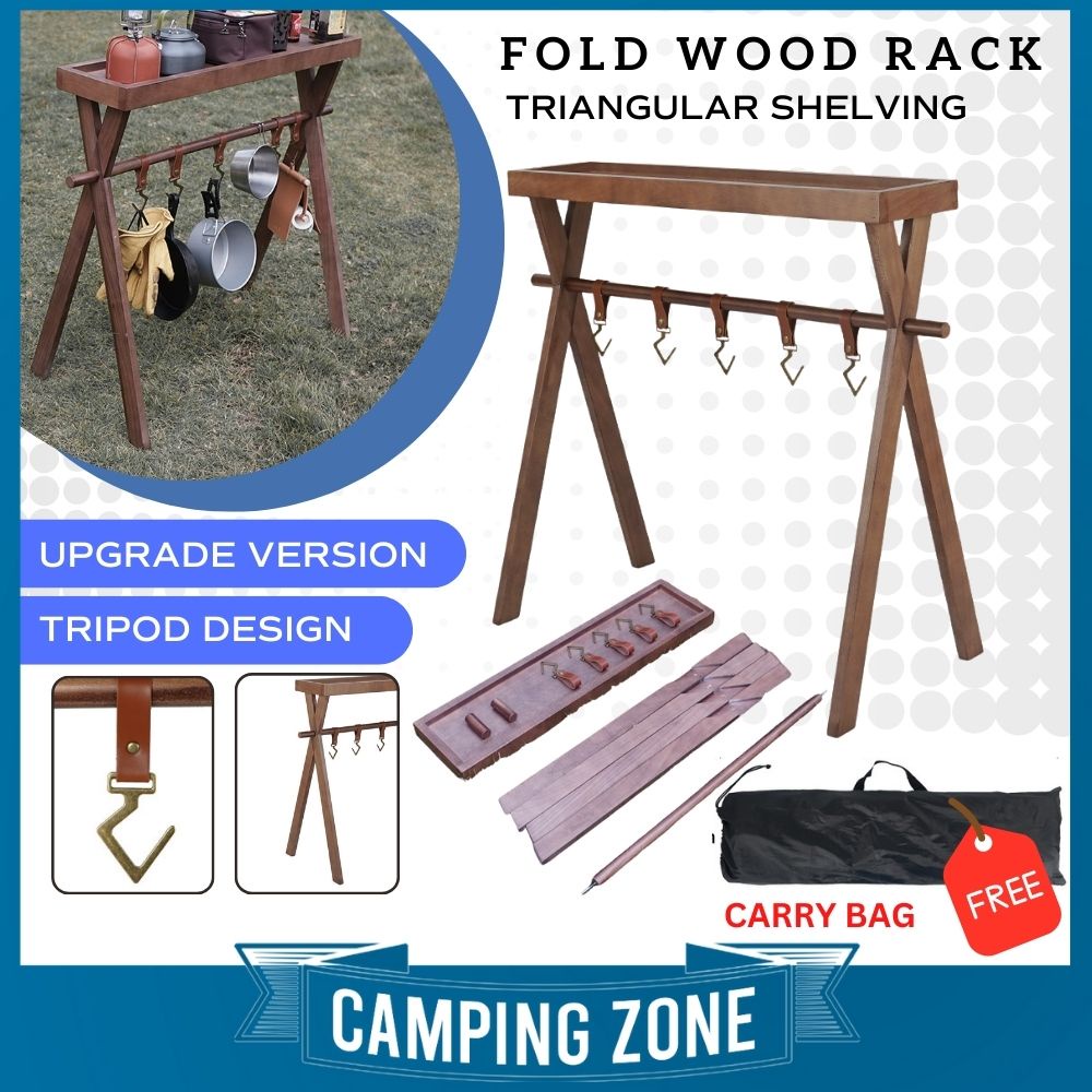 Folding Camping Solid Wood Shelf Foldable Tripod Rack Vintage Pine Triangular Shelving Outdoor Cookware