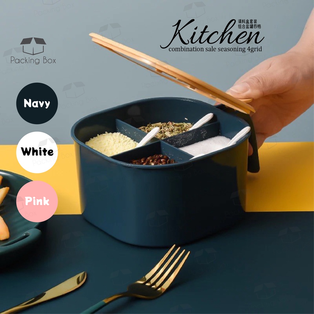 4 Grid Seasoning Box Spice Pots Salt Pepper Jar Kitchen Spice Storage