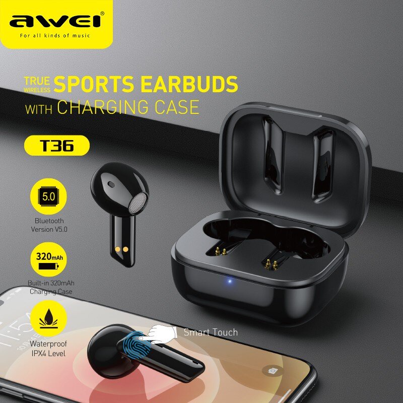 FREE GIFT AWEI T36 TWS Wireless Bluetooth 5.0 Sport Earbuds / Charging Case / Smart Touch / IPX4