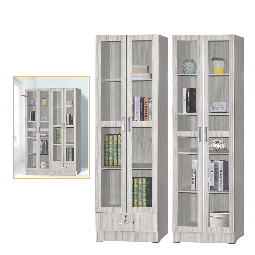 DFP 200cm Display Glass Cabinet Storage 2 Door with Drawer Almari Kaca Kabinet Oak Grey White Color Rak Buku Kaca