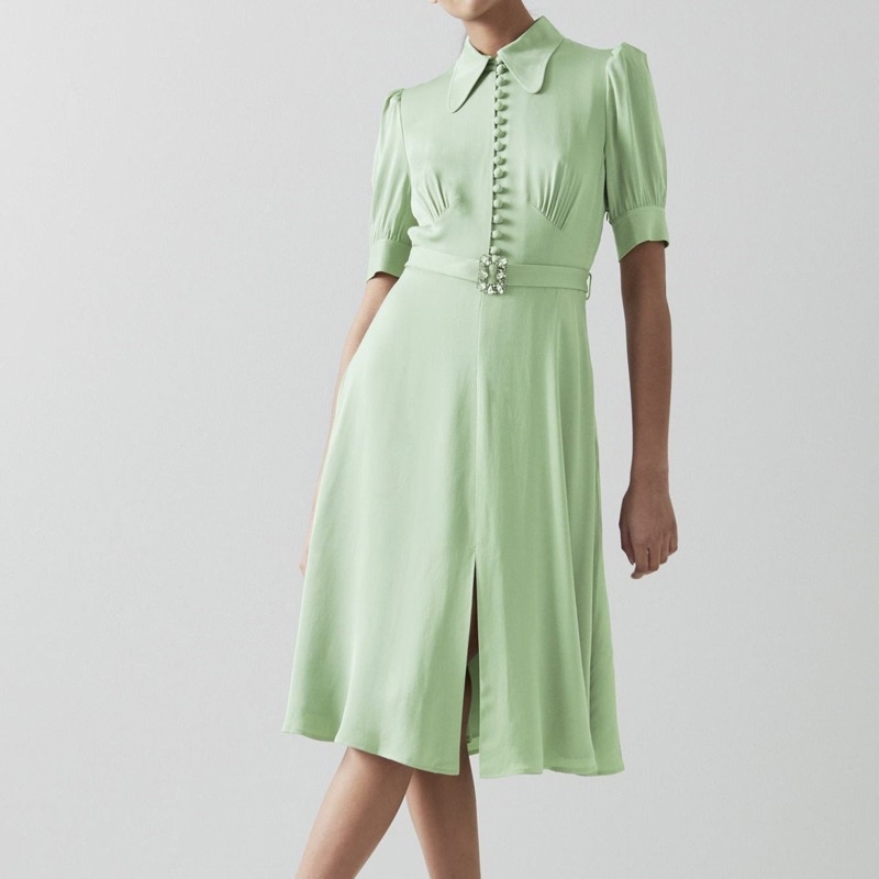 UK 8,10,12,14,16: LK Mint Green Satin Crepe Crystal Belt Tea Dress