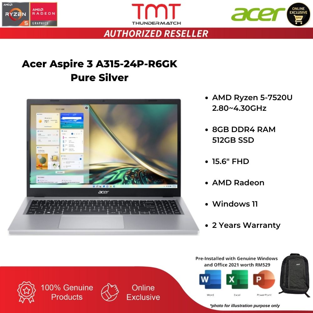 Acer Aspire 3 A315-24P-R6GK Silver Laptop | AMD Ryzen 5-7520U | 8GB RAM 512GB SSD | 15.6'' FHD | W11
