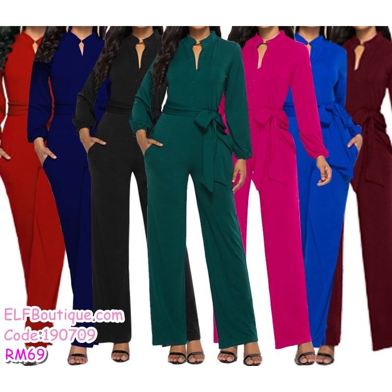 Woman Long Sleeve Button Ribbon Tie Jumpsuit Palazzo 190709