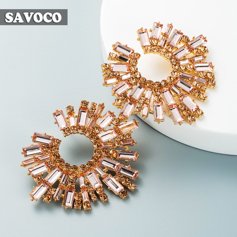 SAVOCO Vintage Sunflower Stud Earrings Girl Birthday Party Trendy Alloy Color Rhinestone Ear Studs for Women Jewelry Accessories Gifts SE024