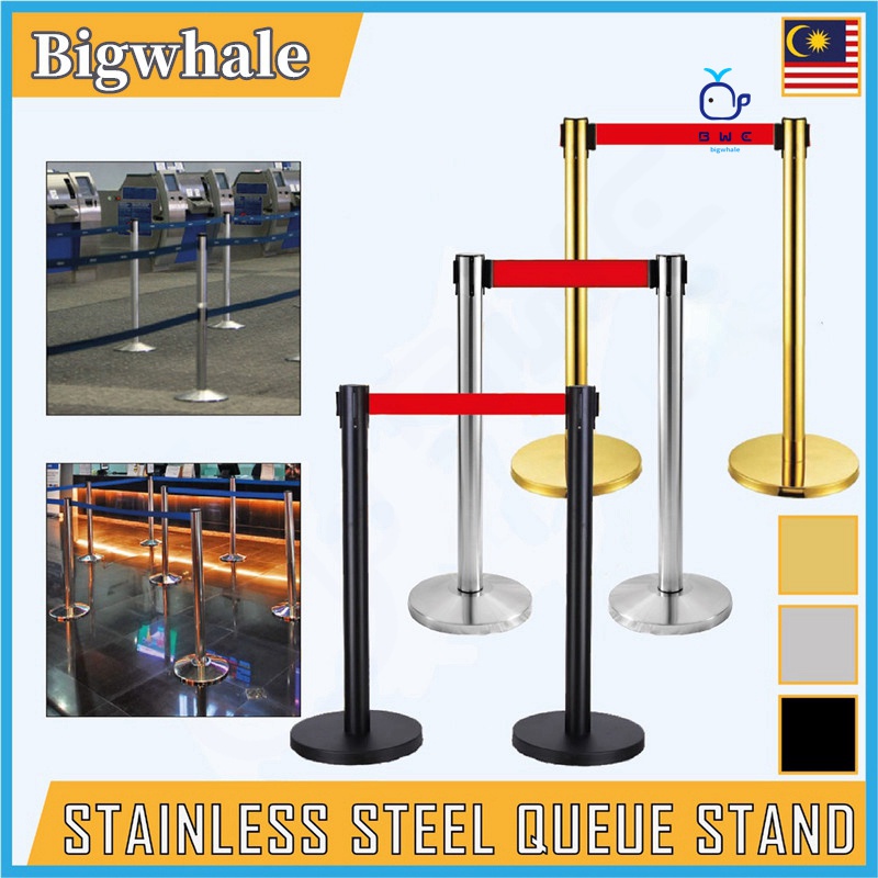 【COD】 Queue Stand Retractable Belt Barrier Divider Pole Queue Up Stand Stanchion Pelaras Barisan Tali Beratur Stainless Steel