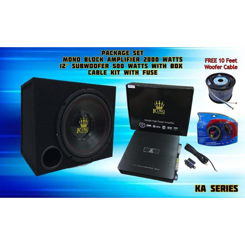 KING Car Audio PACKAGE SET High Power MONO BLOCK Amplifer 2000 Watts + 12" Woofer 500watts With