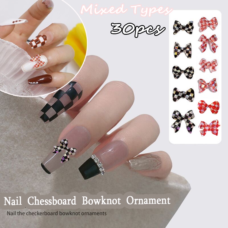 30pcs Mixed Type Nail Chessboard Bows Nail Art Decorations 3D Bowknot