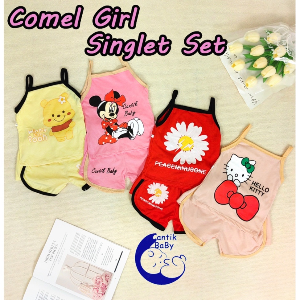 CantikBaby Set Singlet + Seluar Budak Perempuan 6B–4T Baju Tanpa Lengan Musim Panas Comel Selesa Kain Lembut Cuaca Panas