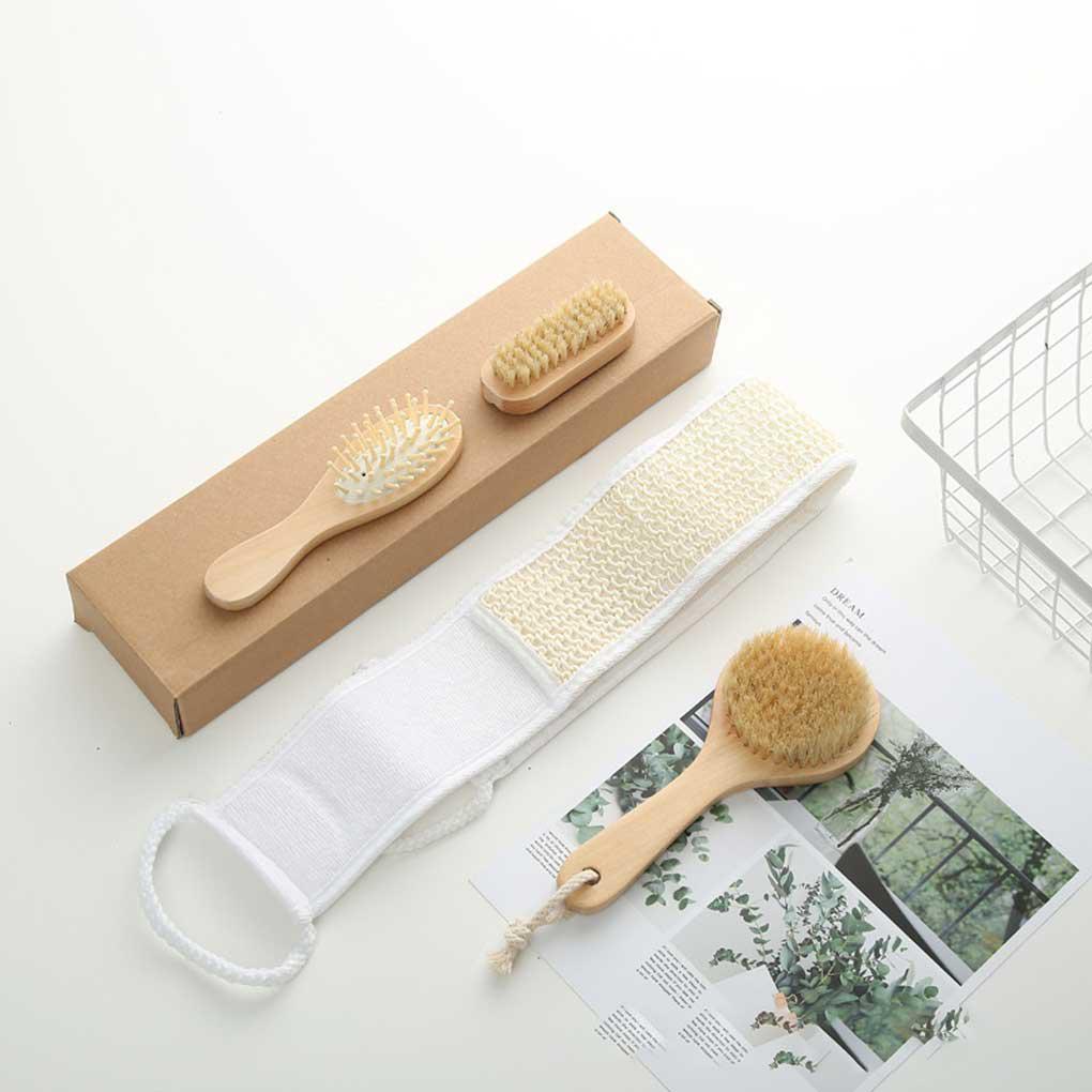 【Buran】 4PCS Bath Brush Set Pumice Durable Wooden Unisex Eco Friendly Comfortable Scrubber Massager Skin Care Shower Cleaning