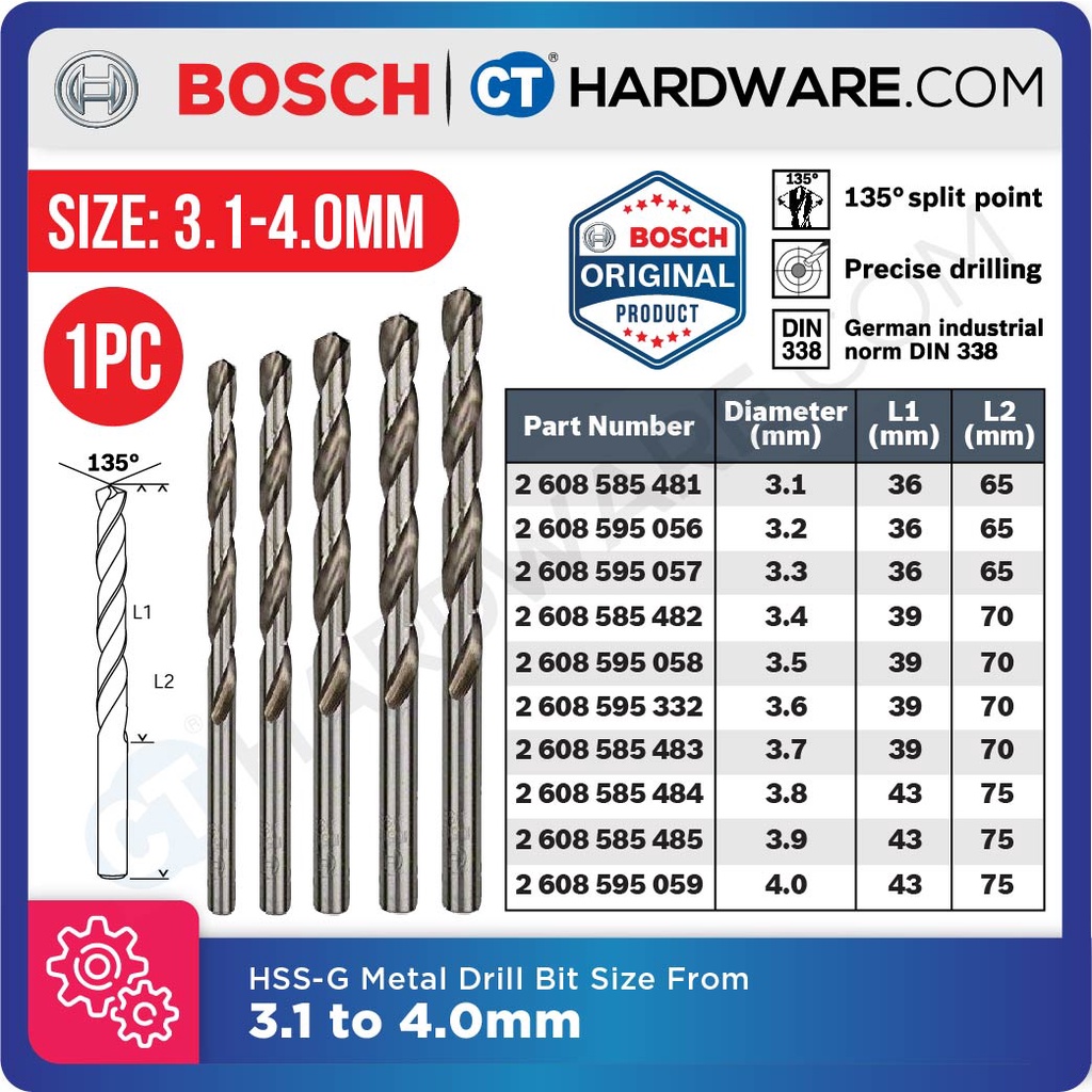 BOSCH ORIGINAL HSSG METAL DRILL BIT SIZE 3.1MM 4.0MM [ 1PC