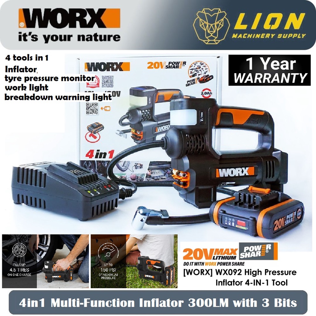 WORX WX092 20V 4in1 Multi-Function Inflator 300LM with 3 Bits (SOLO/SET ...