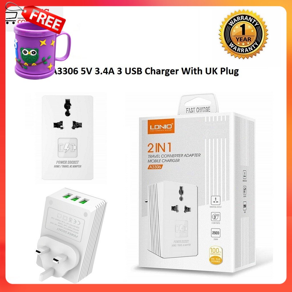 FREE GIFT LDNIO A3306 2 IN 1 Travel Converter Adapter Mobile Charger / Fast Charging / 3 USB