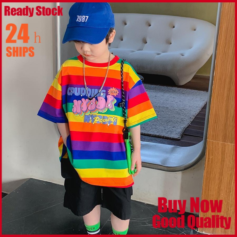 Cute Fashion Boys' T-shirt Short-Sleeved Summer Clothes New Children's Thin Rainbow Top Children Teens Babies Korean Style Half Sleevekids