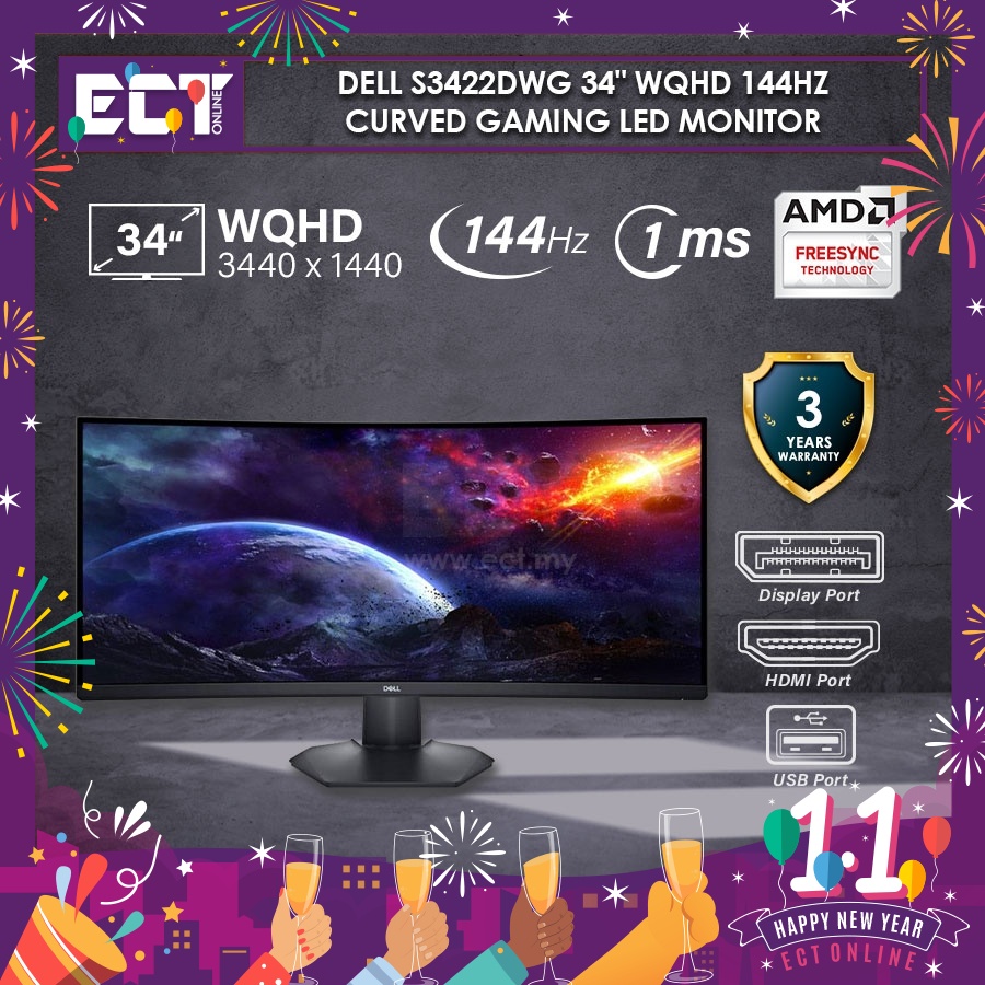 Dell S3422DWG 34" WQHD (3440 x 1440) 144Hz Curved Gaming LED Monitor ...