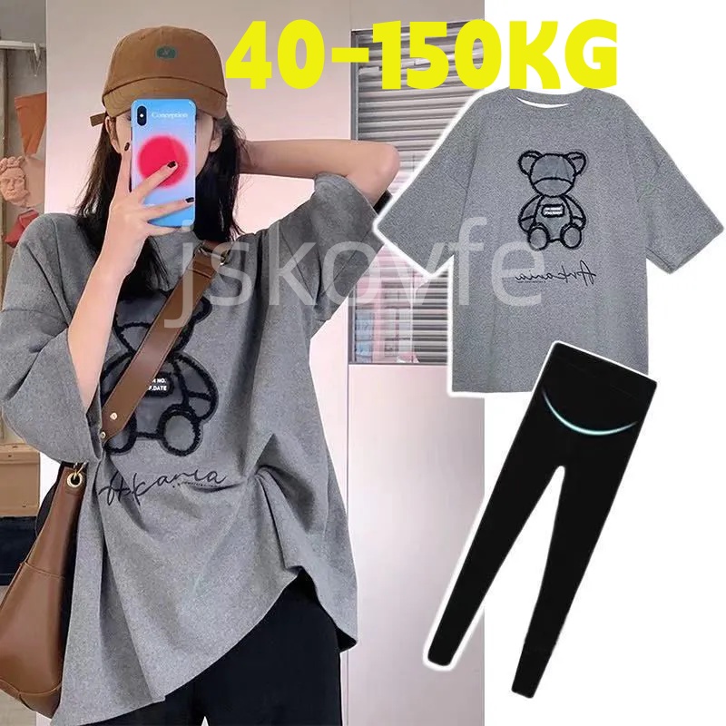 Ready Stock High Quality 40-150KG Maternity clothing suit fashion short-sleeved t-shirt casual top pregnant women pregnant blouse 孕妇套装短袖t恤两件套