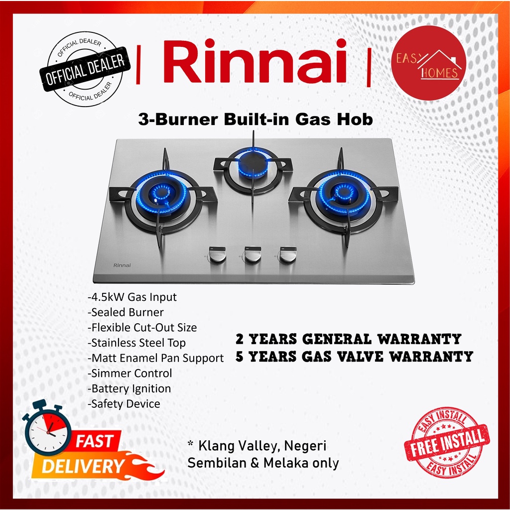 Rinnai 4.5kW RB38HS 3 Burner Builtin Gas Stove With Safety Device RB