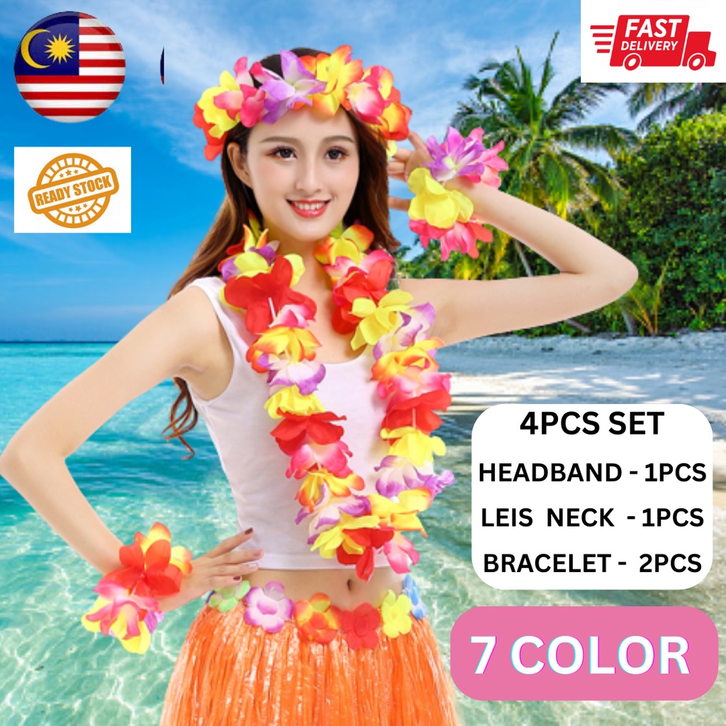 (Ready stock Penang)4pcs Hawaiian Flower leis Garland Necklace Fancy Dress Party Hawaii Beach Fun