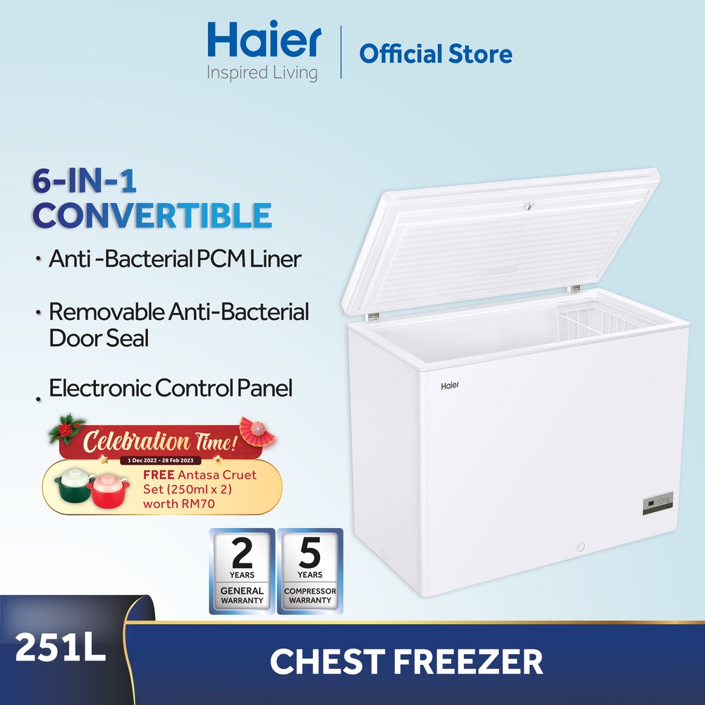 Haier 251L Chest Freezer AntiBacterial 6 In 1 Convertible Freezer