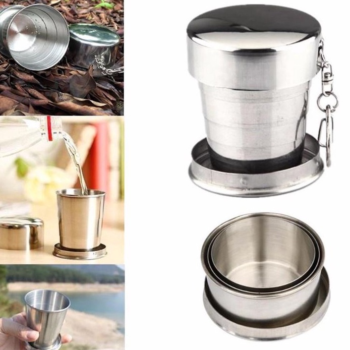 Stainless Steel Telescopic Collapsible Folding Cup – Portable Outdoor 250ml With Lid (Bugbag Style)