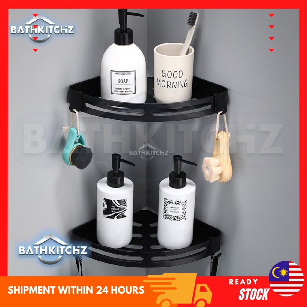 BATHKITCHZ Matte Black Bathroom Shelf with Hooks Aluminium Corner