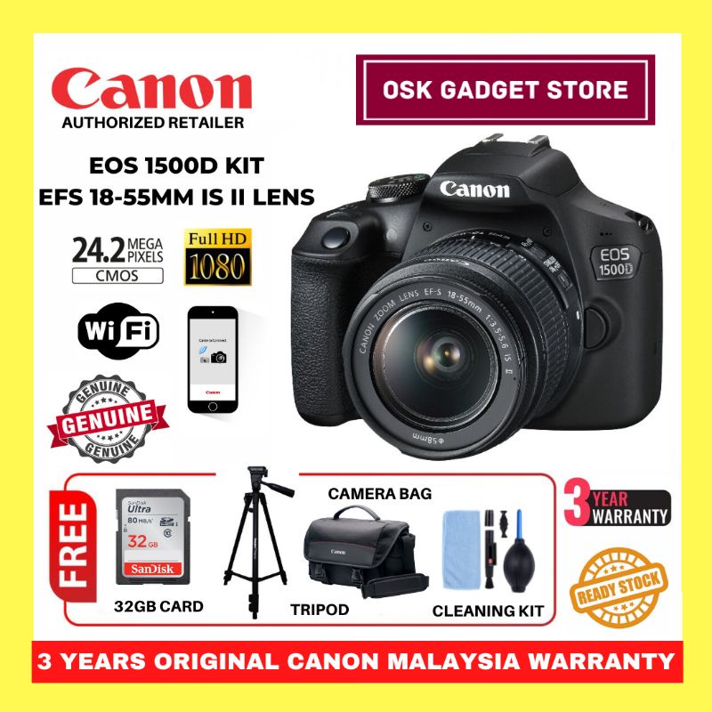 Canon DSLR EOS 1500D With EFS 18-55mm IS II Lens | With Free Gifts | 3 ...