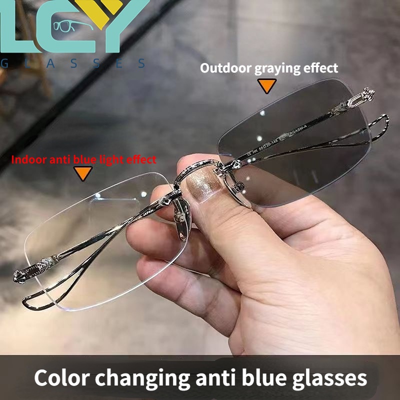 LCYY color changing rimless glasses trendy men's ultra light eyewear frame fashionable anti blue glasses block UV sunglasses