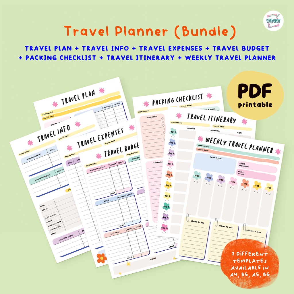 (Series C) Travel Planner - Packing Checklist, Expenses, Budget, Itinerary (Undated)[Printable PDF] for Tablet/Printing