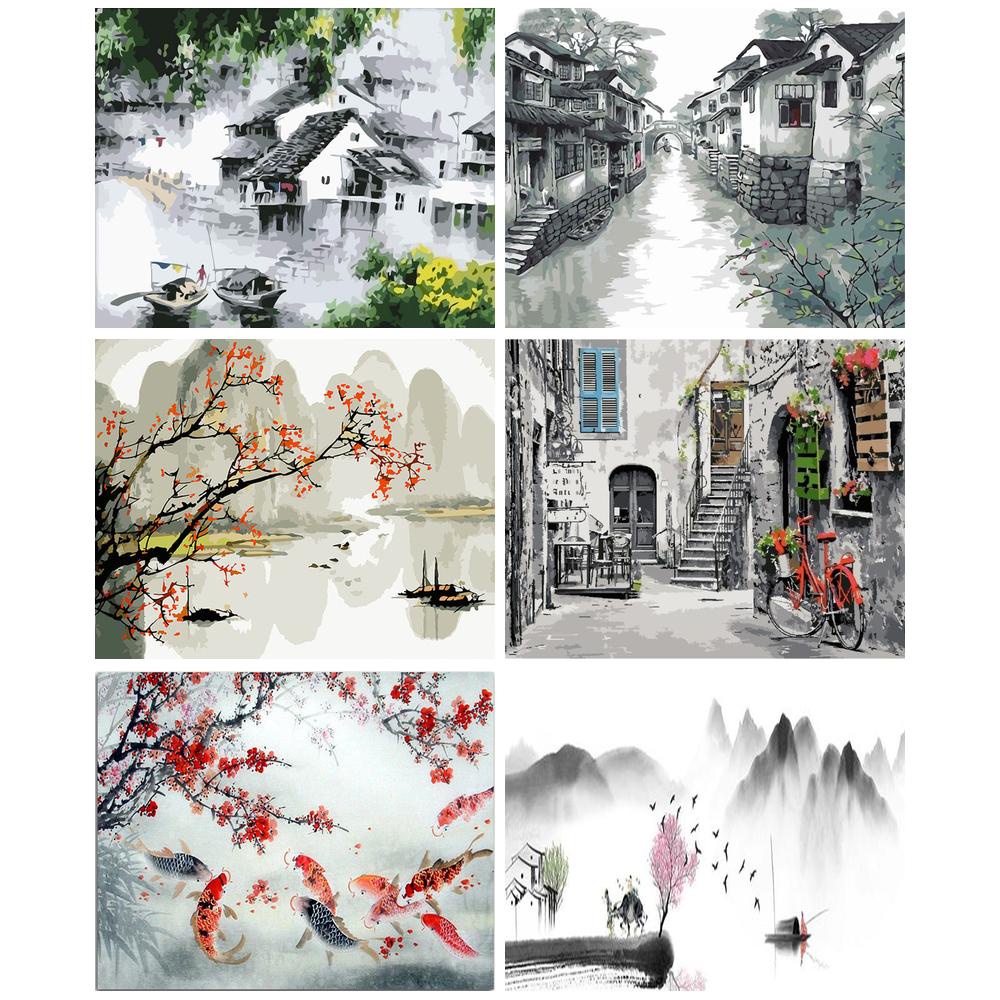 RUOPOTY 60x75cm/50x65cm/40x50cm Frame DIY Painting Ancient Town Landscape Painting By Numbers Modern Wall Art Picture Unique Gift Home Decor