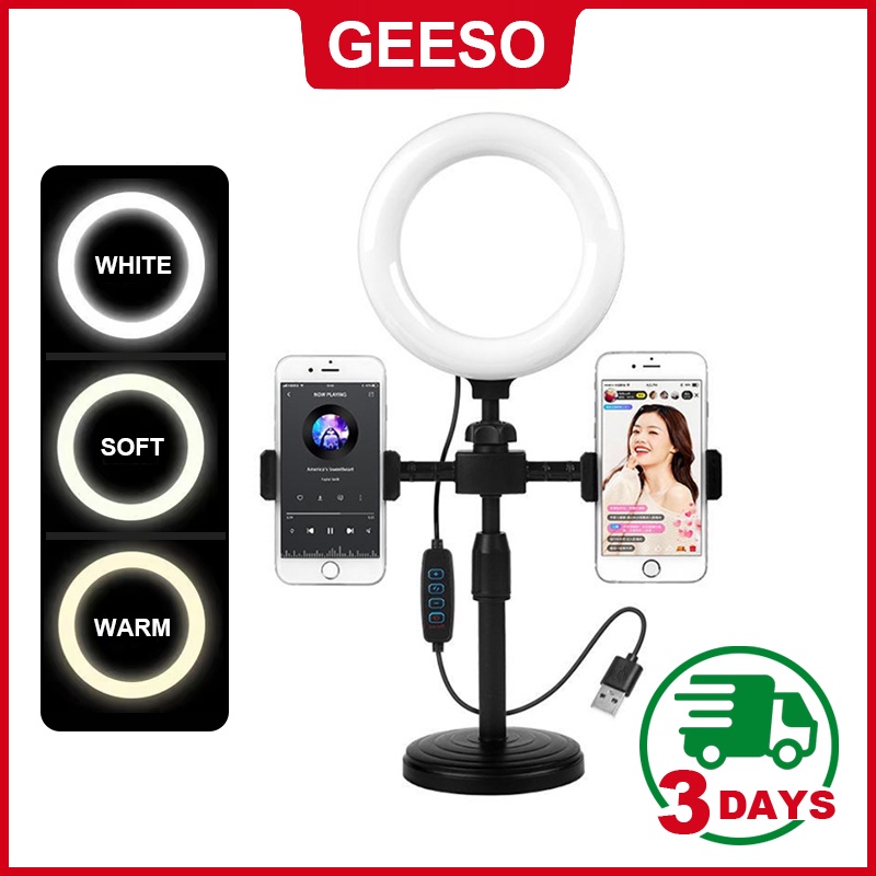GEESO 2 Phone Holder with Ring Light Tripod Stand with 3 Colors Selfie Ring LED Light Circle Light for Table Live Stream