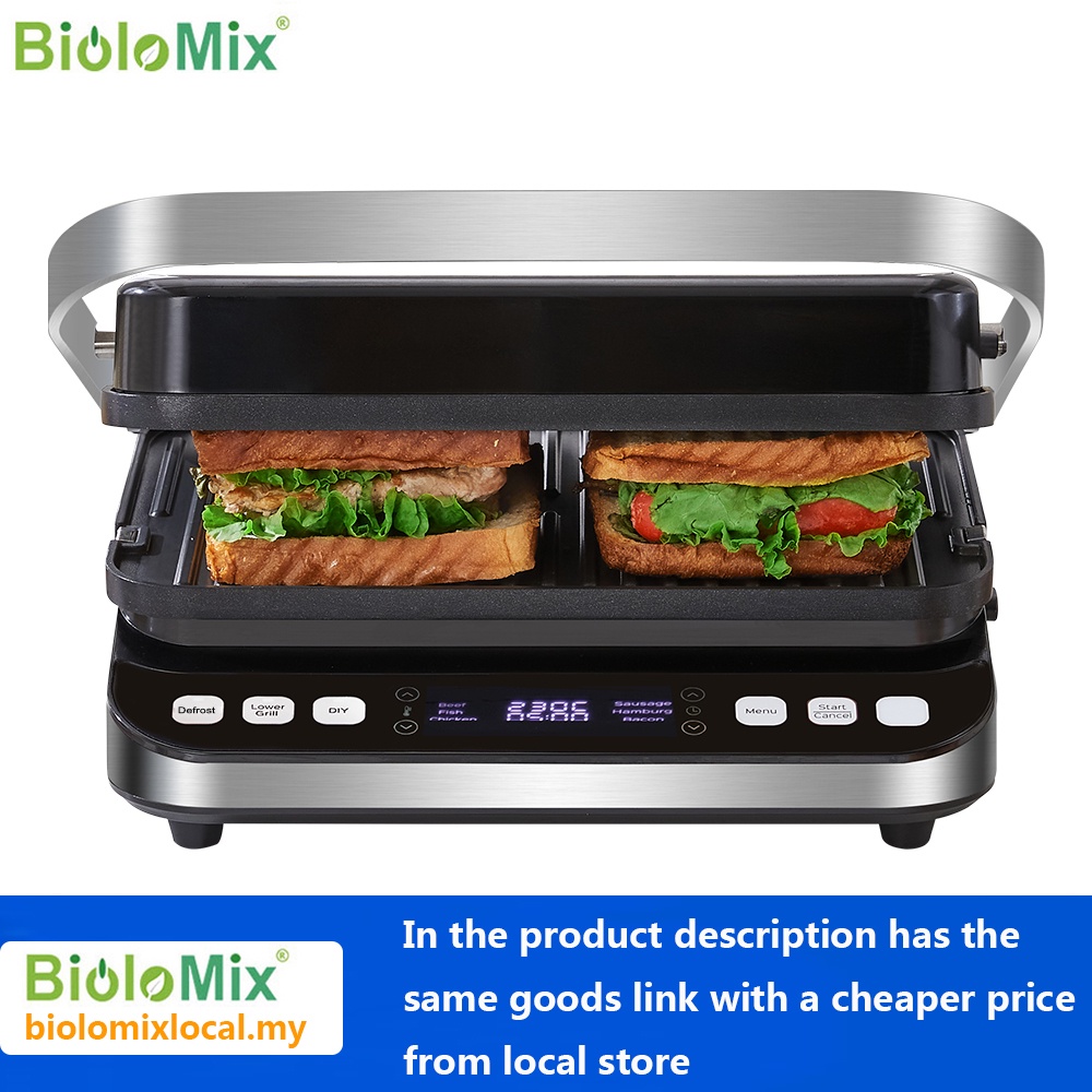 BioloMix 2000W Electric Contact Grill Digital Griddle and Panini Press, Optional Waffle Maker Plates, Opens 180 Degree