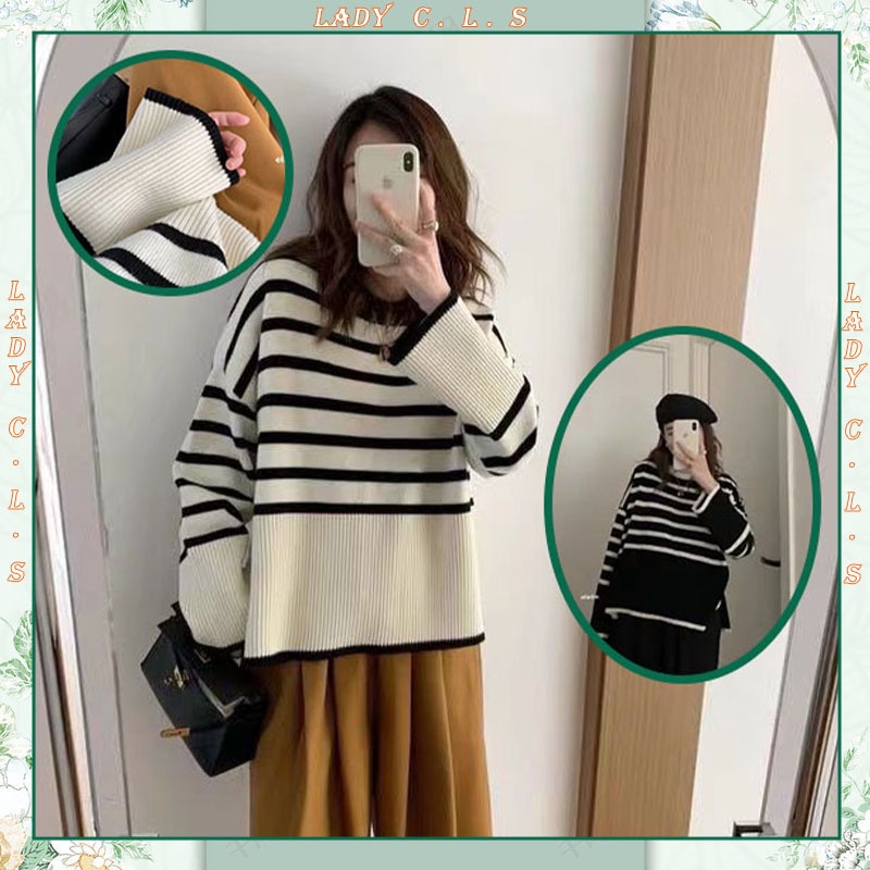 COD Stripe Sweater Women Knitwear Woman Round Neck Ladies Long Sleeve Knit Tops Sweaters Loose Blouse Ready Stock Women's Plus Size Top