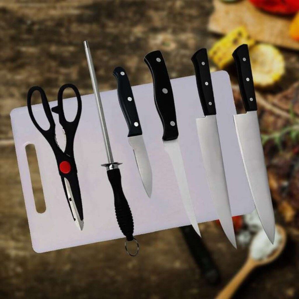 FREE GIFT  Premium 6+1 Stainless Steel Knife Set with White Chopping Board Knives Scissor Pisau Viral Dapur
